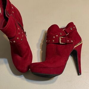 Guess Red Suede Studded Buckle Platform Ankle Boots